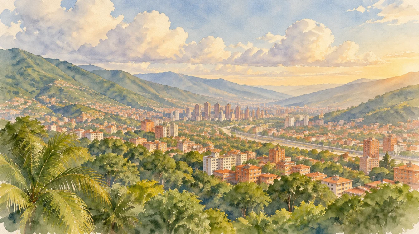 Watercolour of the Aburrá valley at golden hour: green mountains around the city, towers in the distance, palms in the foreground.